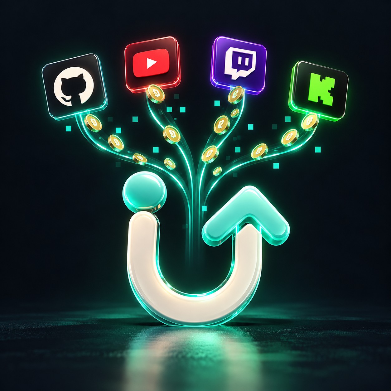 Coins flowing from GitHub, YouTube, Twitch and Kick into the Upstream mark